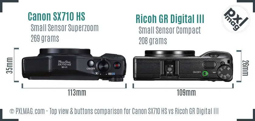 Canon SX710 HS vs Ricoh GR Digital III top view buttons comparison