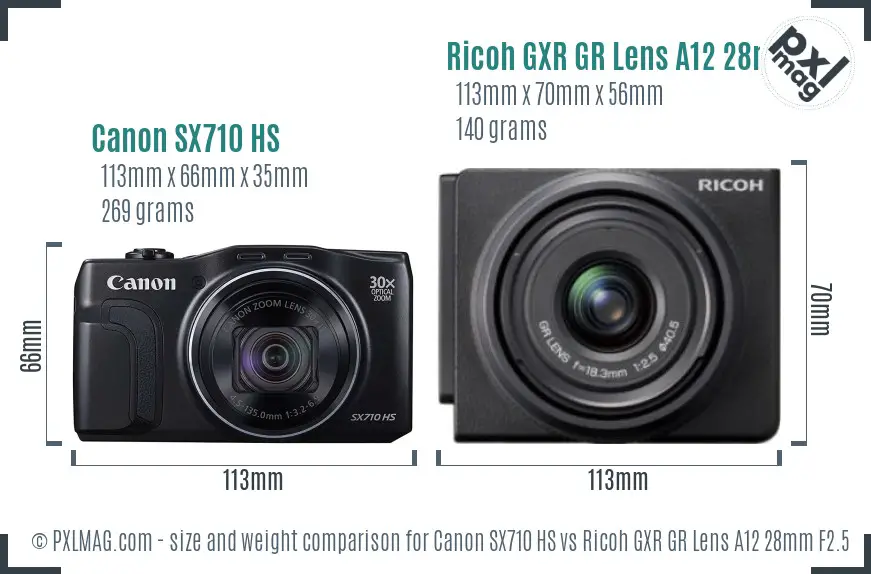 Canon SX710 HS vs Ricoh GXR GR Lens A12 28mm F2.5 size comparison