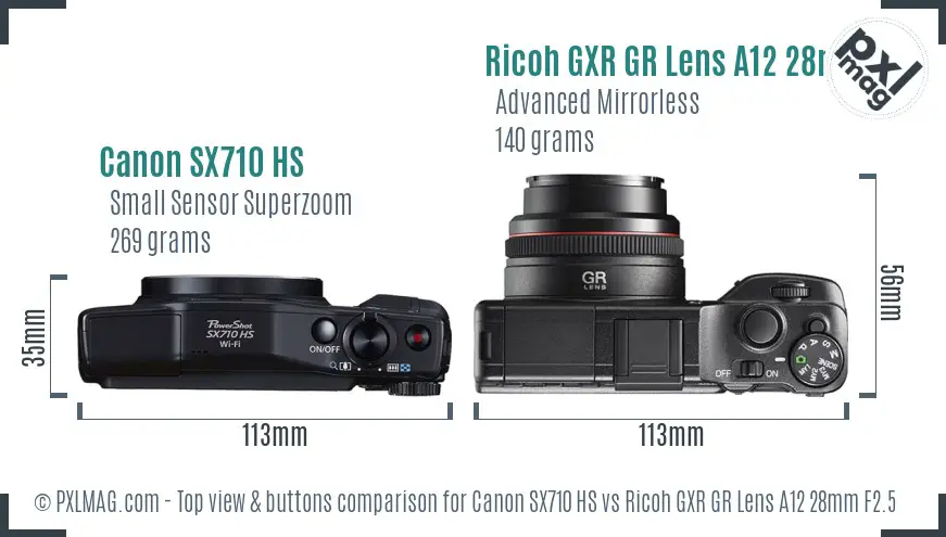 Canon SX710 HS vs Ricoh GXR GR Lens A12 28mm F2.5 top view buttons comparison