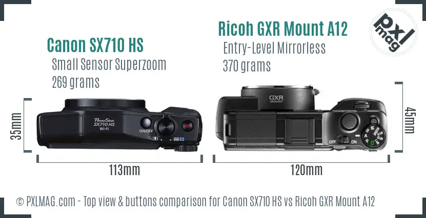 Canon SX710 HS vs Ricoh GXR Mount A12 top view buttons comparison Canon SX710 HS vs Ricoh GXR Mount A12 top view buttons comparison