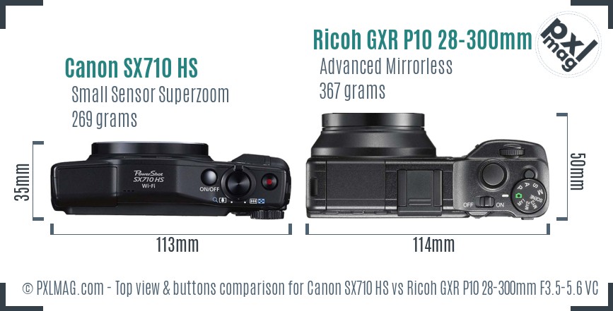 Canon SX710 HS vs Ricoh GXR P10 28-300mm F3.5-5.6 VC top view buttons comparison