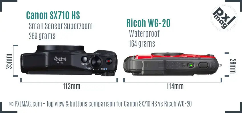 Canon SX710 HS vs Ricoh WG-20 top view buttons comparison