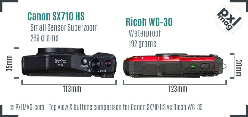 Canon SX710 HS vs Ricoh WG-30 top view buttons comparison