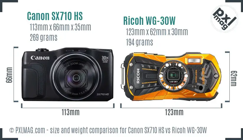 Canon SX710 HS vs Ricoh WG-30W size comparison