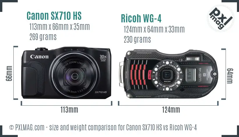 Canon SX710 HS vs Ricoh WG-4 size comparison