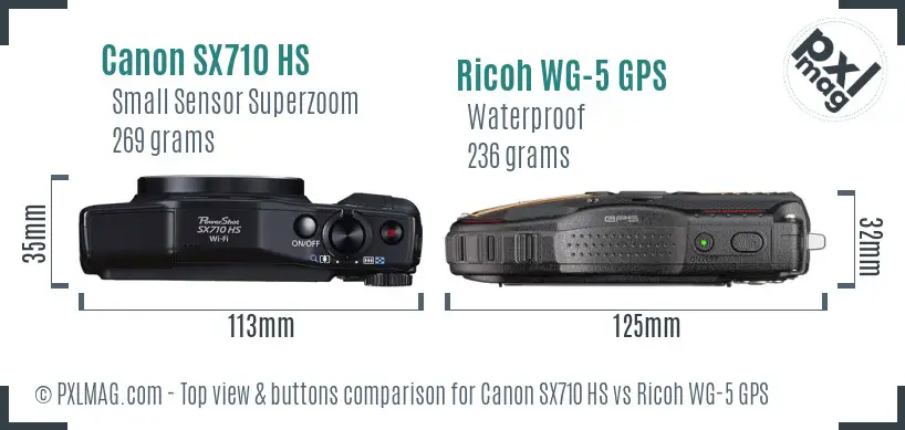 Canon SX710 HS vs Ricoh WG-5 GPS top view buttons comparison