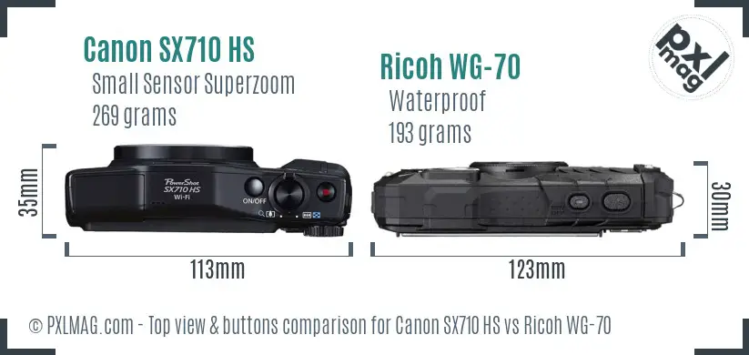 Canon SX710 HS vs Ricoh WG-70 top view buttons comparison