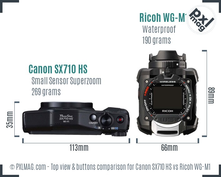 Canon SX710 HS vs Ricoh WG-M1 top view buttons comparison