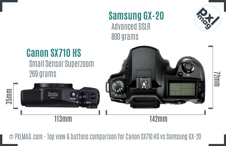 Canon SX710 HS vs Samsung GX-20 top view buttons comparison