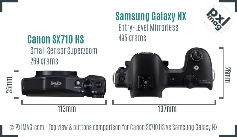 Canon SX710 HS vs Samsung Galaxy NX top view buttons comparison Canon SX710 HS vs Samsung Galaxy NX top view buttons comparison