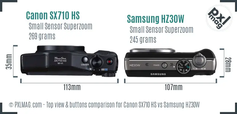 Canon SX710 HS vs Samsung HZ30W top view buttons comparison Canon SX710 HS vs Samsung HZ30W top view buttons comparison