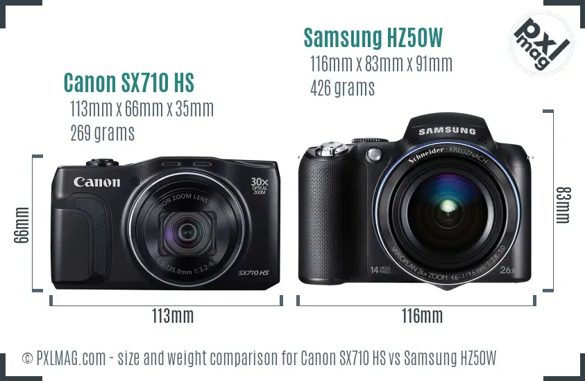 Canon SX710 HS vs Samsung HZ50W size comparison