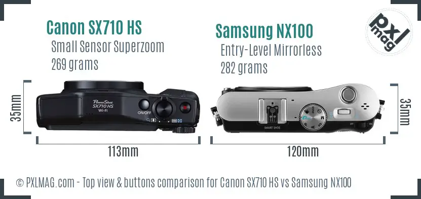 Canon SX710 HS vs Samsung NX100 top view buttons comparison Canon SX710 HS vs Samsung NX100 top view buttons comparison