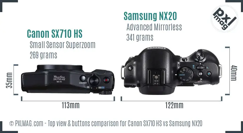Canon SX710 HS vs Samsung NX20 top view buttons comparison Canon SX710 HS vs Samsung NX20 top view buttons comparison