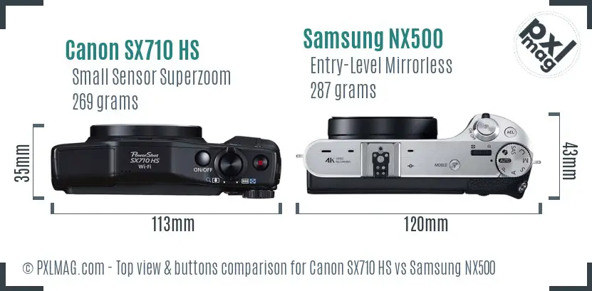 Canon SX710 HS vs Samsung NX500 top view buttons comparison