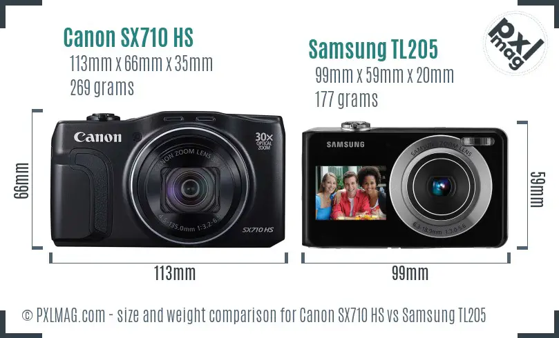 Canon SX710 HS vs Samsung TL205 size comparison