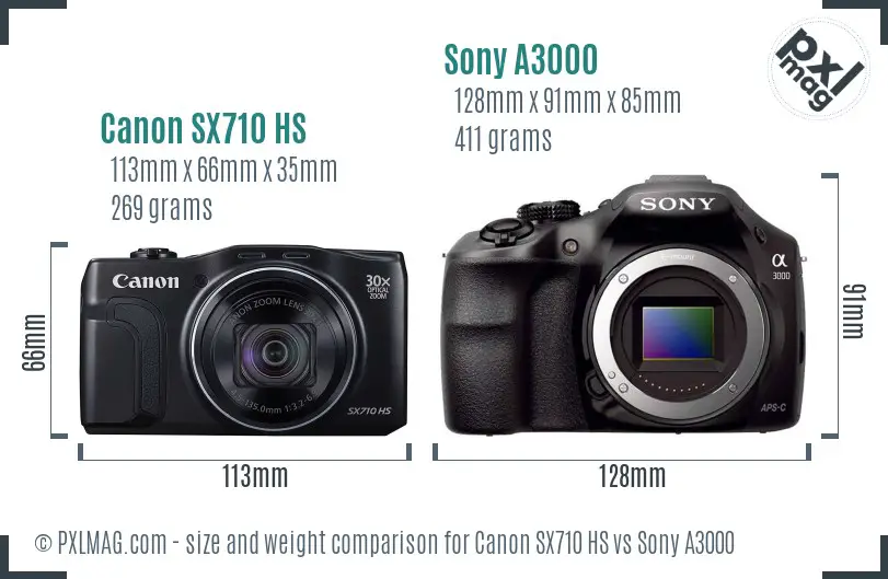 Canon SX710 HS vs Sony A3000 size comparison