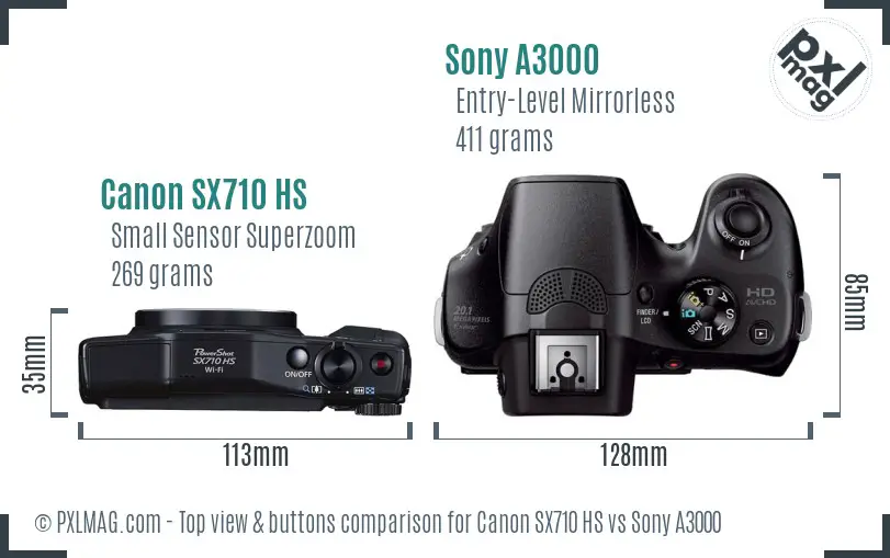 Canon SX710 HS vs Sony A3000 top view buttons comparison