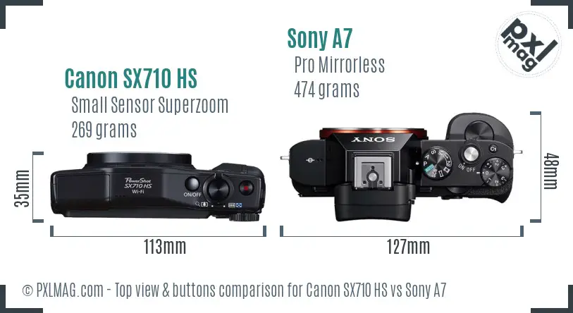Canon SX710 HS vs Sony A7 top view buttons comparison
