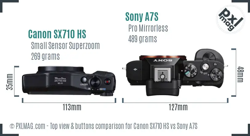 Canon SX710 HS vs Sony A7S top view buttons comparison