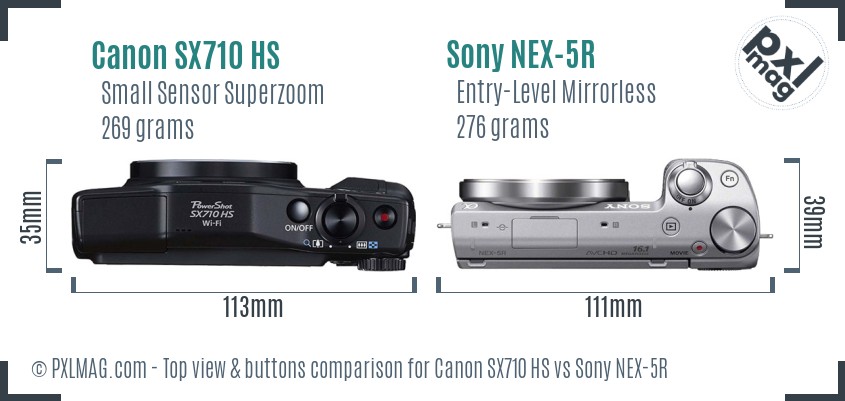 Canon SX710 HS vs Sony NEX-5R top view buttons comparison