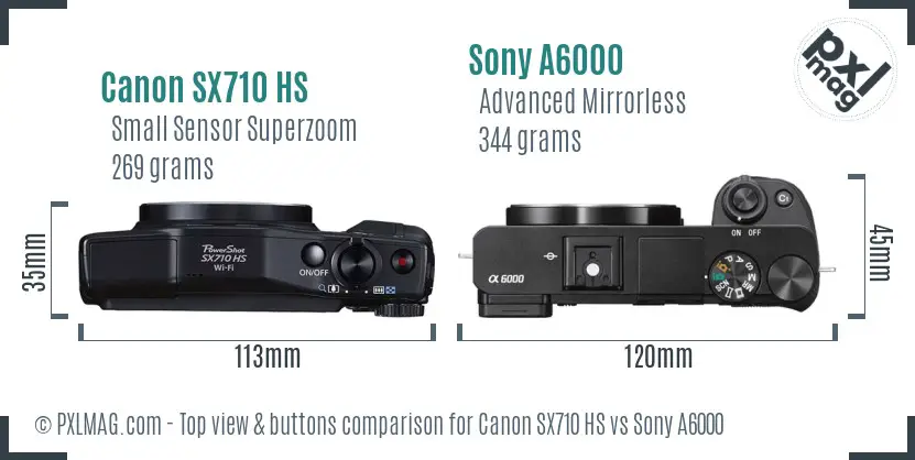 Canon SX710 HS vs Sony A6000 top view buttons comparison