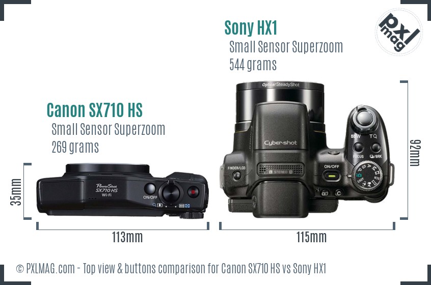 Canon SX710 HS vs Sony HX1 top view buttons comparison