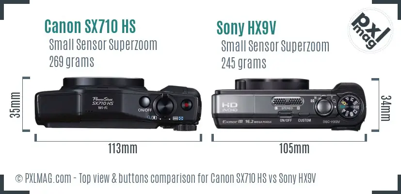 Canon SX710 HS vs Sony HX9V top view buttons comparison Canon SX710 HS vs Sony HX9V top view buttons comparison