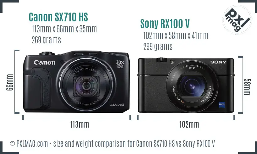 Canon SX710 HS vs Sony RX100 V size comparison