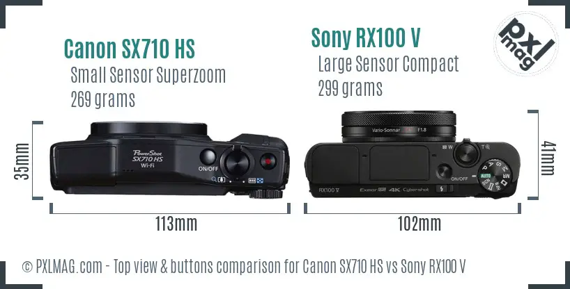 Canon SX710 HS vs Sony RX100 V top view buttons comparison