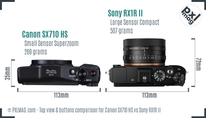 Canon SX710 HS vs Sony RX1R II top view buttons comparison