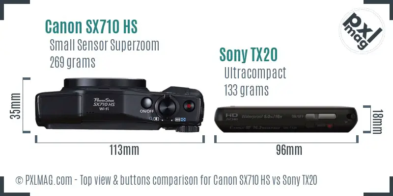 Canon SX710 HS vs Sony TX20 top view buttons comparison Canon SX710 HS vs Sony TX20 top view buttons comparison