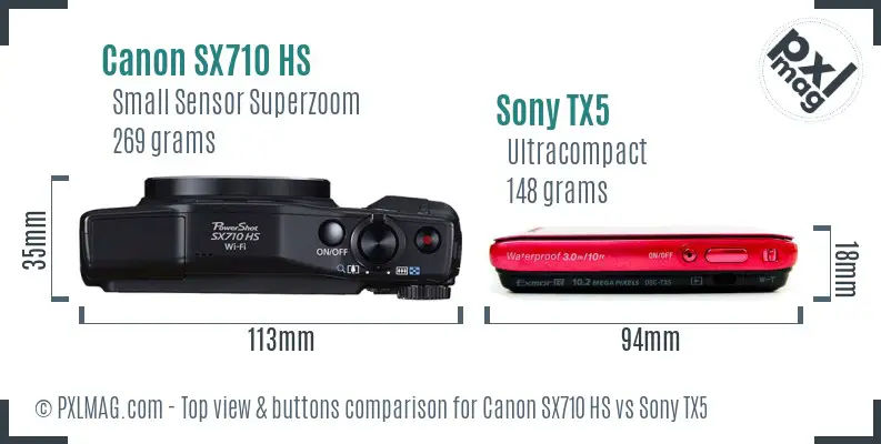 Canon SX710 HS vs Sony TX5 top view buttons comparison