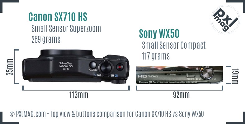Canon SX710 HS vs Sony WX50 top view buttons comparison