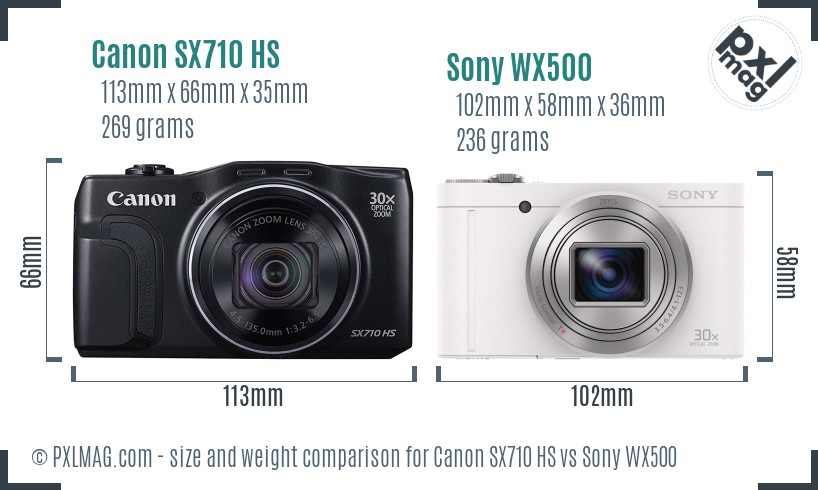 Canon SX710 HS vs Sony WX500 size comparison