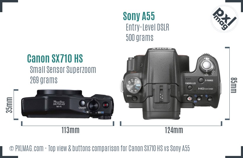Canon SX710 HS vs Sony A55 top view buttons comparison