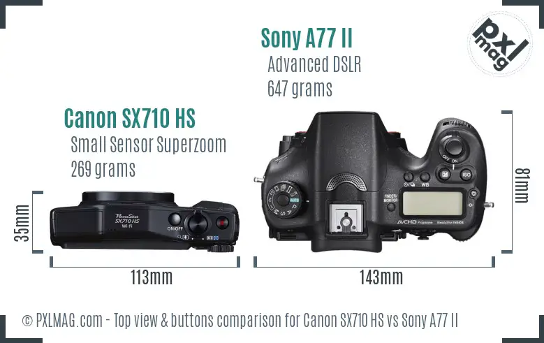 Canon SX710 HS vs Sony A77 II top view buttons comparison