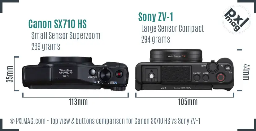 Canon SX710 HS vs Sony ZV-1 top view buttons comparison Canon SX710 HS vs Sony ZV-1 top view buttons comparison