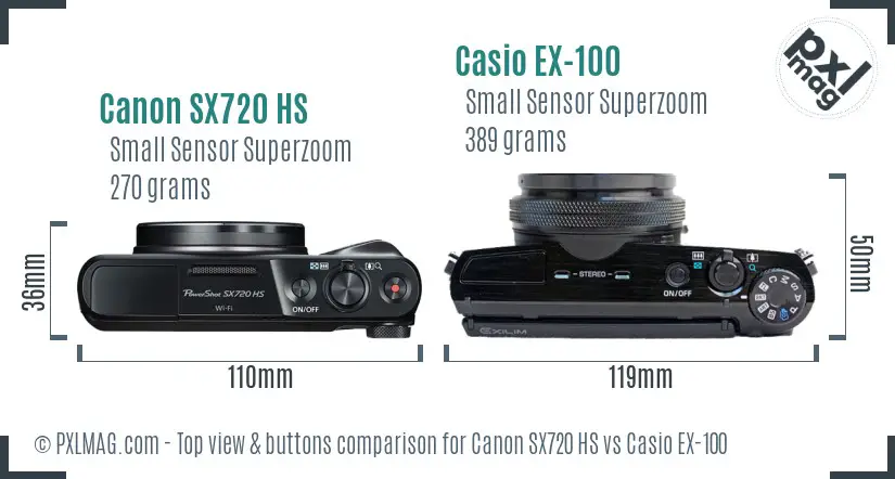 Canon SX720 HS vs Casio EX-100 top view buttons comparison