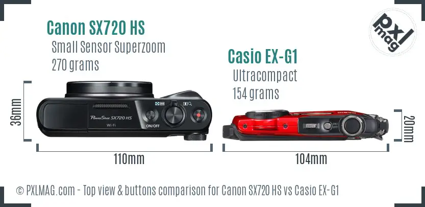 Canon SX720 HS vs Casio EX-G1 top view buttons comparison