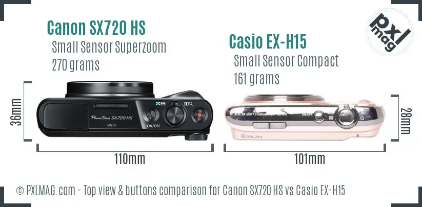 Canon SX720 HS vs Casio EX-H15 top view buttons comparison