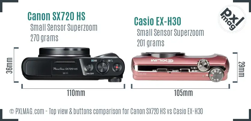 Canon SX720 HS vs Casio EX-H30 top view buttons comparison