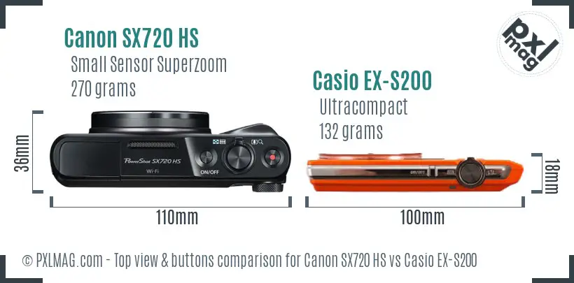 Canon SX720 HS vs Casio EX-S200 top view buttons comparison Canon SX720 HS vs Casio EX-S200 top view buttons comparison