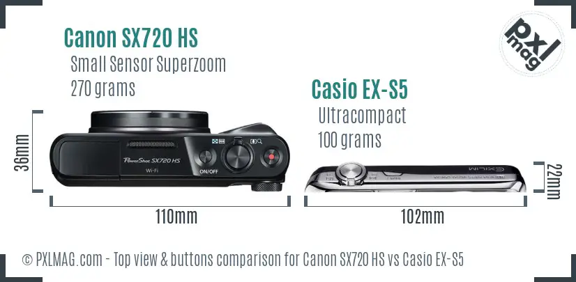 Canon SX720 HS vs Casio EX-S5 top view buttons comparison