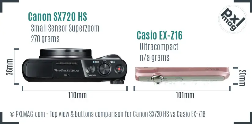 Canon SX720 HS vs Casio EX-Z16 top view buttons comparison