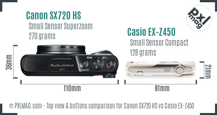 Canon SX720 HS vs Casio EX-Z450 top view buttons comparison