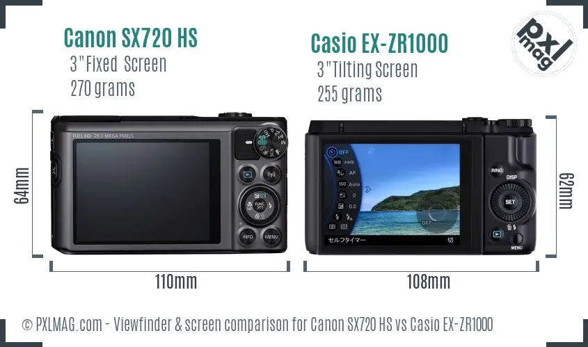 Canon SX720 HS vs Casio EX-ZR1000 Screen and Viewfinder comparison