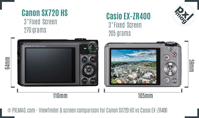 Canon SX720 HS vs Casio EX-ZR400 Screen and Viewfinder comparison