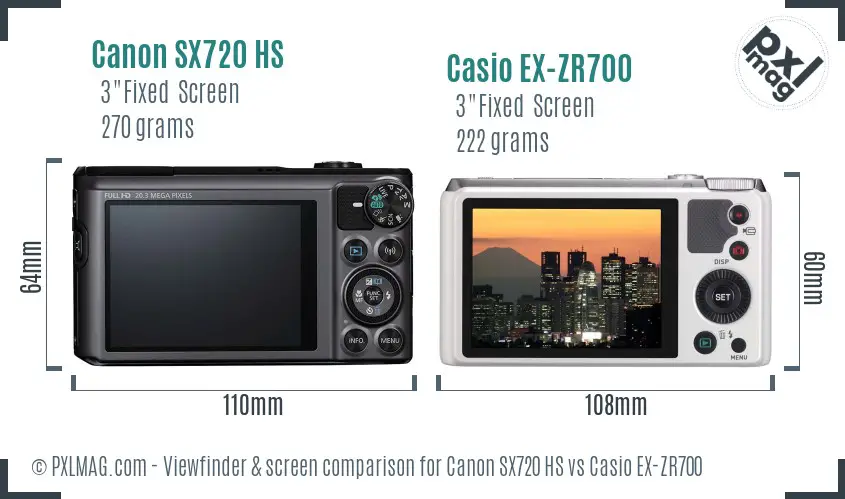 Canon SX720 HS vs Casio EX-ZR700 Screen and Viewfinder comparison