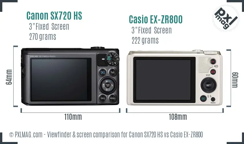 Canon SX720 HS vs Casio EX-ZR800 Screen and Viewfinder comparison